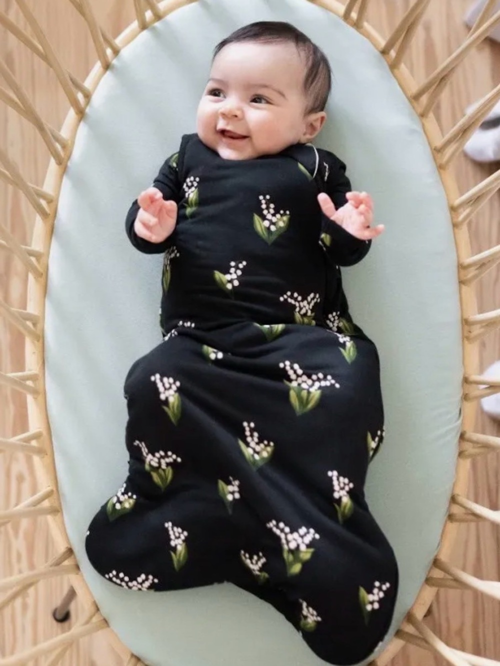 Kyte BABY Black Floral Sleep Sack with Green Leaf Accents